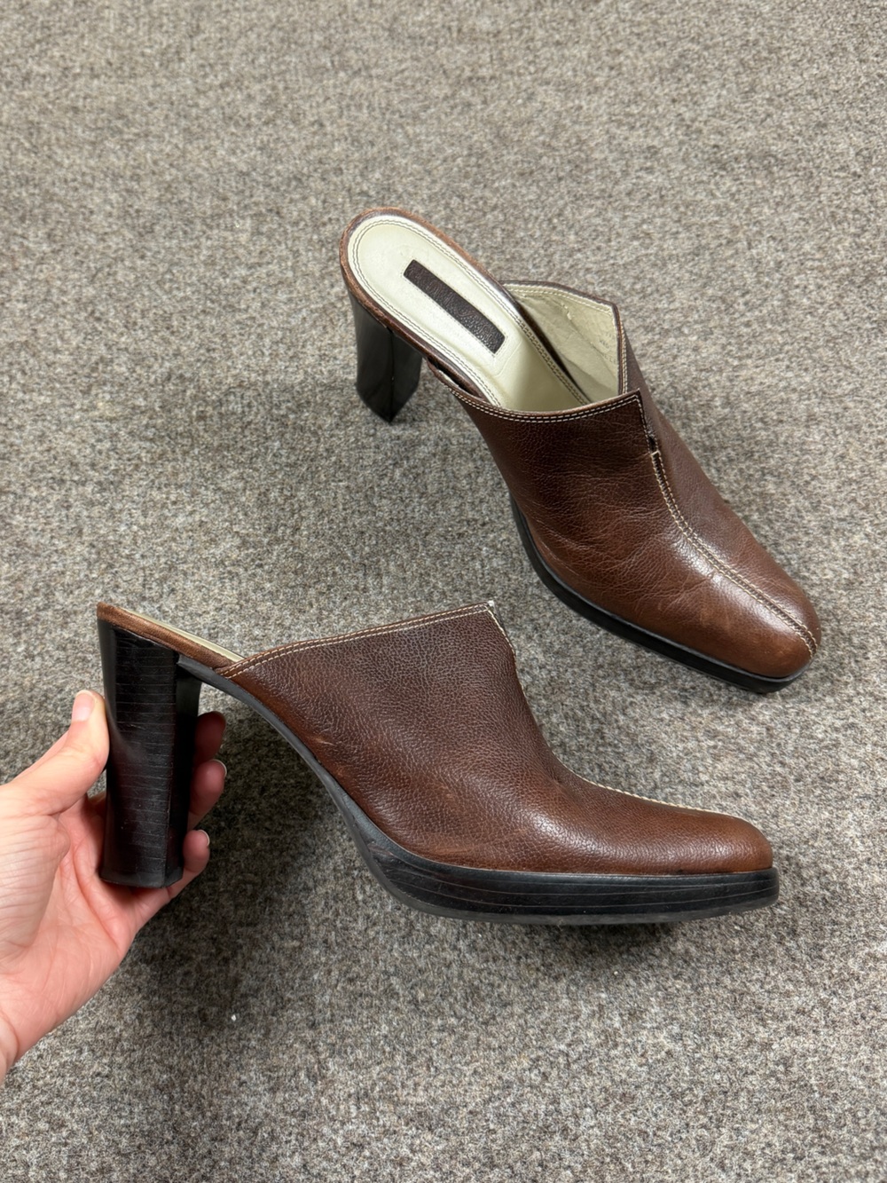 Vintage Brown Leather Chunky Heel Platform Clog Mule Shoes Womens Size 8 90s Y2K